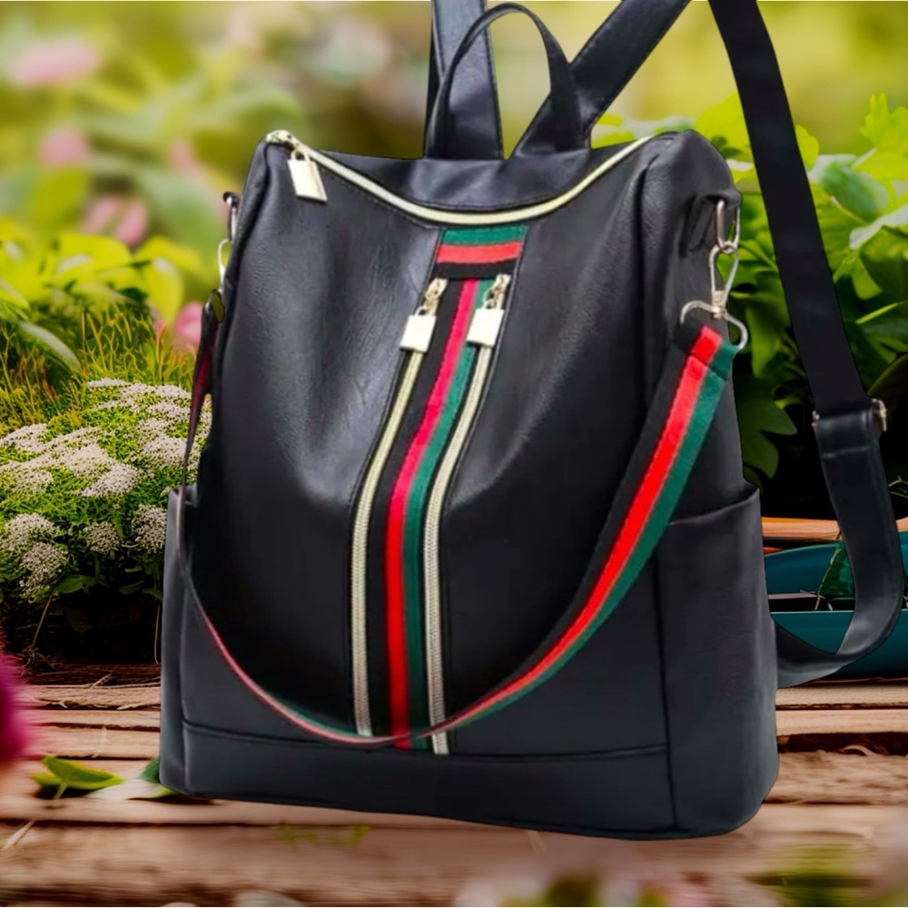 🆕 Large Capacity Backpack - Three Diagonal Stripes Soft Vegan Leather - Trendy - Picture 1 of 6